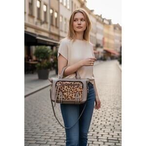 Lodis Ellie Small Satchel Leopard Print Calf Hair Taupe  Leather NWT HTF!